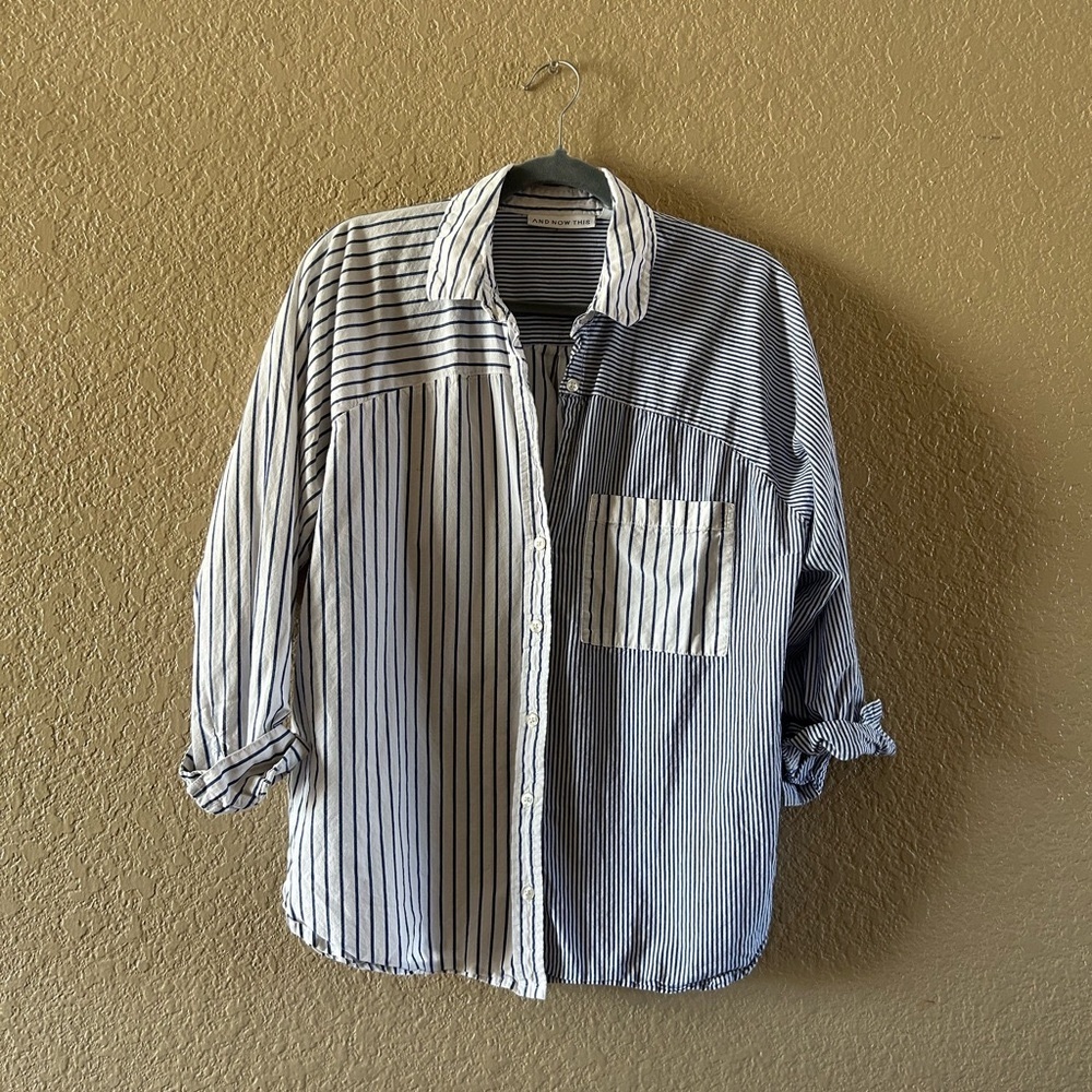Casual Striped Button-Down Shirt - blue and White